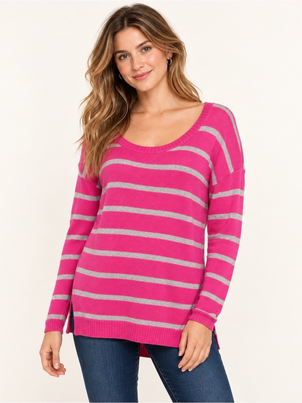 Arizona Jean Co casual chic Pink Gray Striped Scoop Neck Tunic Sweater